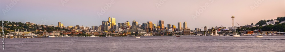 Seattle Skyline Sunset Panorama view from Gas Works Park, Washington State-USA