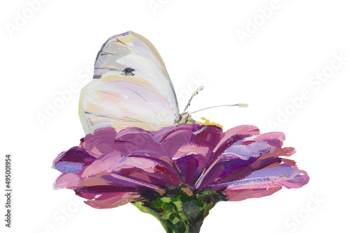 White butterfly pink gouache flower isolated. A butterfly sits on a Zinnia flower. Elements of cutting out an author's art postcard for design on a white background. Painted bright spring illustration