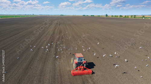 Tractor planting crops  aerial view - Drone shot of tractor seeding crops on agricultural field  gulls and other birds flying around