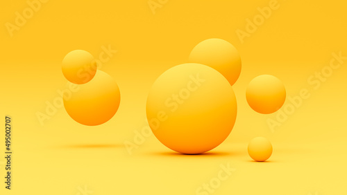 Group of yellow sphere isolated on yellow background. Circle pattern. 3D rendering.