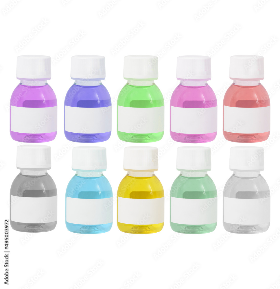 A set of white, red, yellow, green, blue transparent liquids in plastic bottles. A set of white, red, yellow, green, blue transparent liquids in plastic bottles.