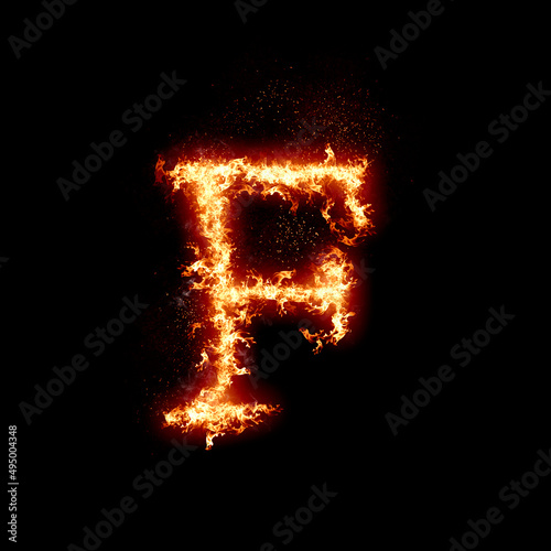 Letter F burning in fire, digital art isolated on black background, a letter from alphabet set