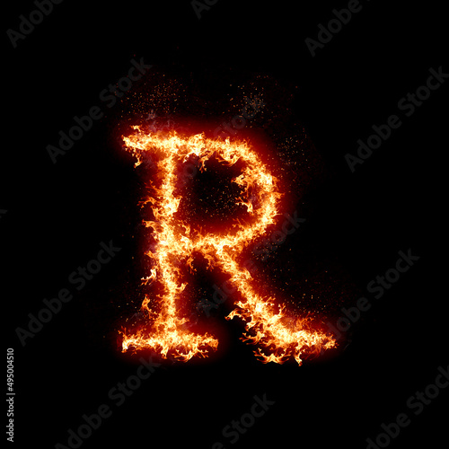 Letter R burning in fire, digital art isolated on black background, a letter from alphabet set