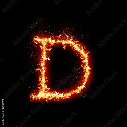Letter D burning in fire, digital art isolated on black background, a letter from alphabet set