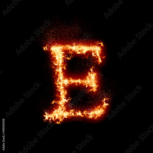 Letter E burning in fire, digital art isolated on black background, a letter from alphabet set