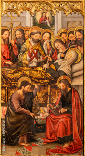 VALENCIA, SPAIN - FEBRUAR 14, 2022: The painting of Dromition of Virgin Mary in the Cathedral - Basilica of the Assumption of Our Lady by Vicente Macip from 16. cent.