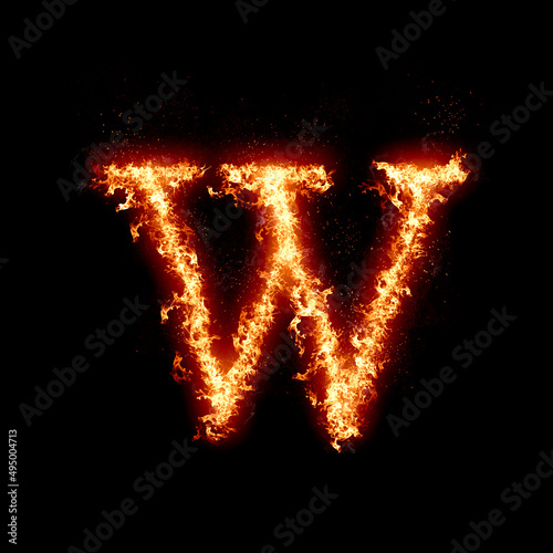 Letter w burning in fire, digital art isolated on black background, a letter from alphabet set