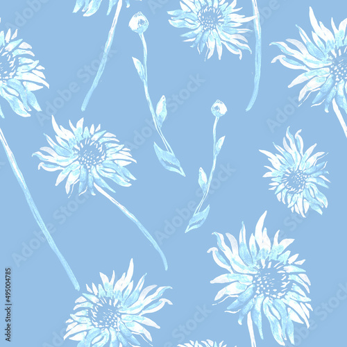 Calm floral seamless pattern with Gerbera in full bloom isolated on blue. Hand drawn flowers blossom in freehand style. Botanical elements for package, textile, wallpaper, bedding.