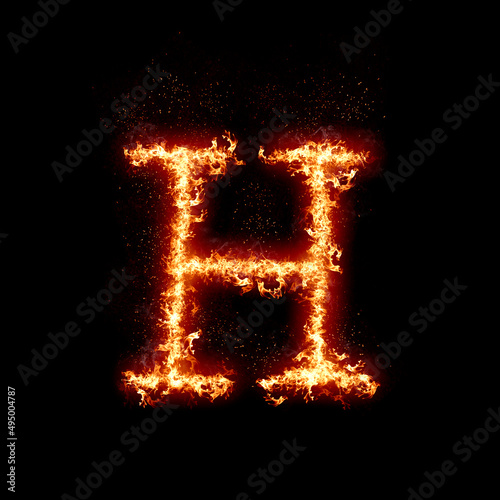 Letter H burning in fire, digital art isolated on black background, a letter from alphabet set