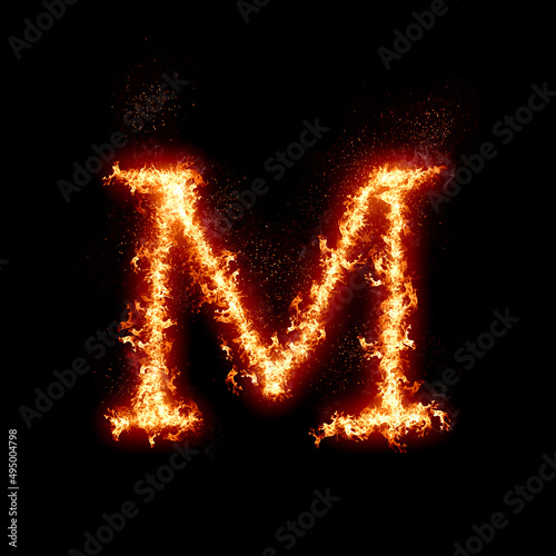 Letter M burning in fire, digital art isolated on black background, a letter from alphabet set