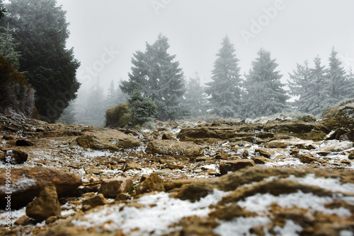 Rocky ascent to the top of Mount Snieznik on a hiking mountain trail, winter landscape on a foggy day.