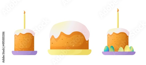 Vector illustration with a cake and eggs. Spring decor. The concept of celebrating happy Easter. Simple cartoon style for logos, banners, posters, backgrounds, stickers, printing.