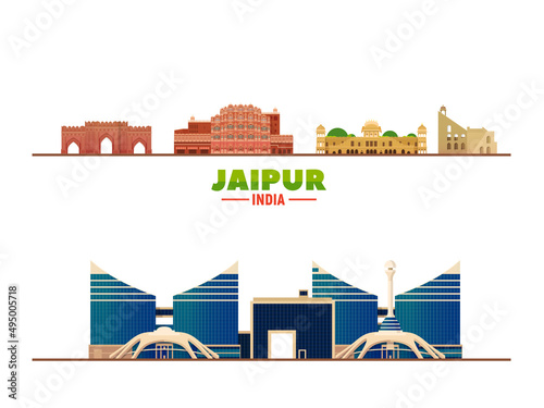 Jaipur India famous landmarks at white background. Flat vector illustration. Business travel and tourism concept with modern buildings. Image for banner or web site.