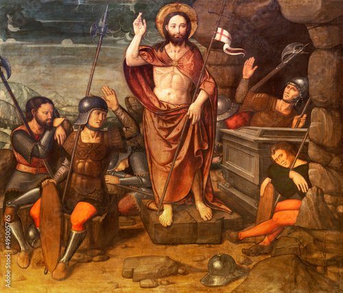 VALENCIA, SPAIN - FEBRUAR 14, 2022: The painting of Resurrection in the Cathedral and St. Peter chapell  by Nicolas Falco from 16. cent. photo