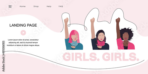 Feminist landing page with protest girl power in sisterhood arm and fist, hands. Vector illustration for International Women day in flat design and one line art