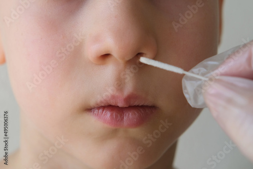 doctor takes cotton bud from child’s nose to analyze the saliva, mucous membrane for DNA tests, COVID-19, boy of 10 years old endures procedure patiently, epidemic concept, coronavirus