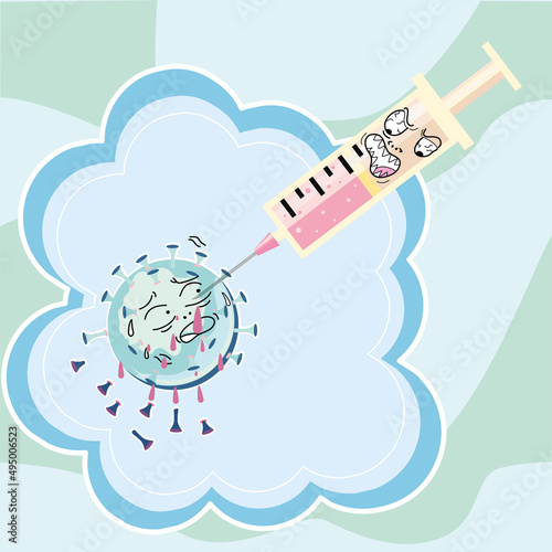Angry syringe killing a virus Vaccination concept Vector
