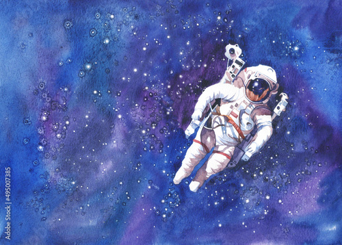 Astronaut flying in outer space, hand drawn watercolor illustration. Image for poster, print, banner.