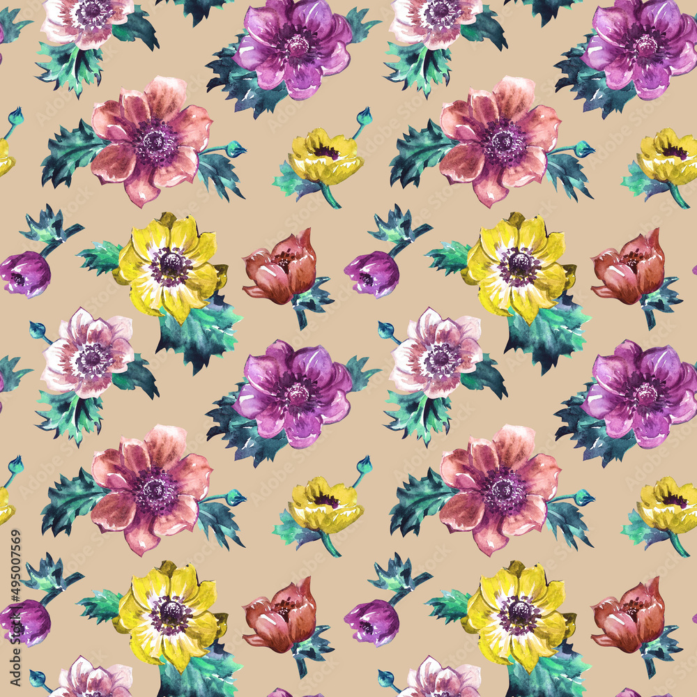 Seamless pattern of colorful anemones on a beige background, floral print for fabric and other surfaces based on a watercolor illustration.