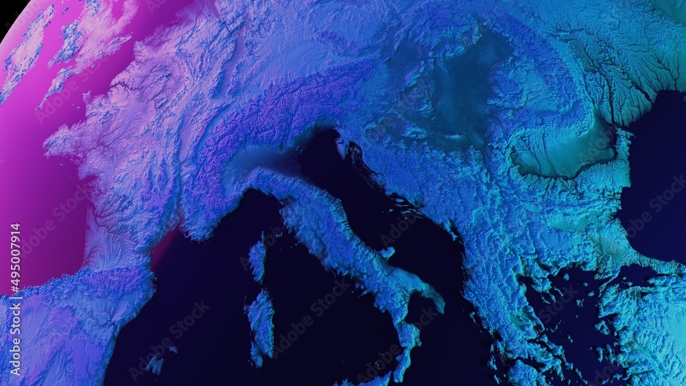 Satellite view of metaverse europe concept in blue and violet. Virtual digital reality cyber metaverse simulation. 3D rendering.