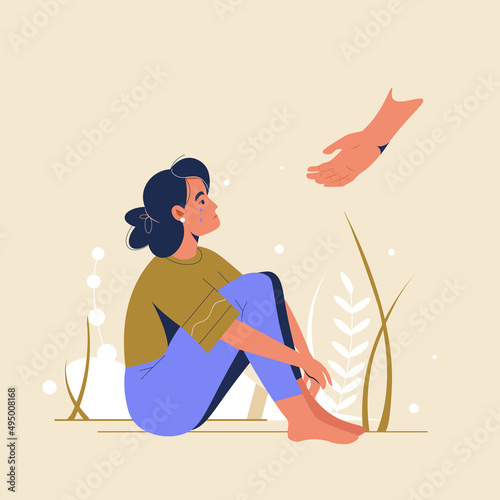Psychological support concept. Psychotherapy. Sad depressed woman sitting getting help and cure from stress feeling lonely and unhappy vector illustration. Psychology aid to woman with mental disorder