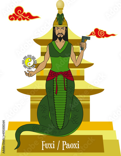  Illustration vector isolated of chinese gods, chinese mythology, Fuxi, Paoxi, hunt, fishing and domestication, god.