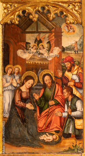 VALENCIA, SPAIN - FEBRUAR 14, 2022: The painting of Nativity in the Cathedral by Vicente Macip from end of 15. cent.