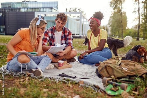 A group of students is reading scripts while sitting on the grass in the park with their dogs. Friendship, rest, pets, picnic