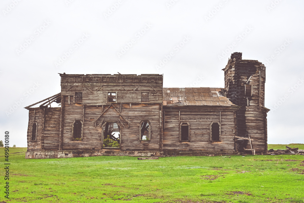 abandoned wooden church, ruined wooden temple, wooden abandonment