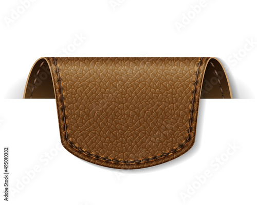 Brown leather tag label. Vector realistic illustration