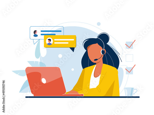 	
Customer service, call center, hotline flat vector illustration. Online global technical support 24/7. Hotline operator advises customer. Customer support department staff, telemarketing agents.