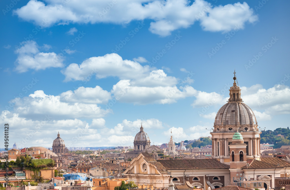 Rome cityscape with blue sky and clouds, Italy
