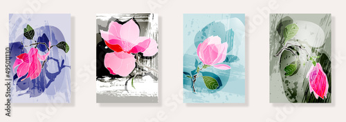 Trendy set of magnolia blossoms and abstract forms. Minimal botanical wall art. Mid century modern graphic. Plant art design for social media, blog post, print, cover, wallpaper. Vector