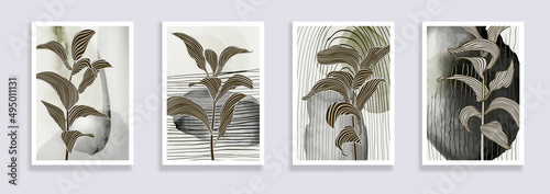 Trendy set of minimalist abstract leaves and abstract forms. Minimal botanical wall art. Mid century modern graphic. Plant art design for social media, blog post, print, cover, wallpaper. Vector