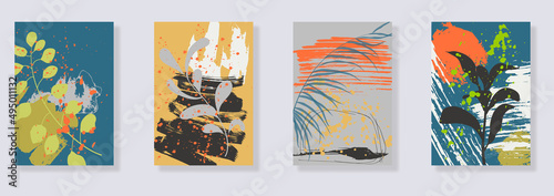 Trendy set of minimalist tropical leaves and abstract forms. Minimal botanical wall art. Mid century modern graphic. Plant art design for social media, blog post, print, cover, wallpaper. Vector