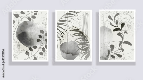 Trendy set of minimalist abstract leaves and abstract forms. Minimal botanical wall art. Mid century modern graphic. Plant art design for social media, blog post, print, cover, wallpaper. Vector