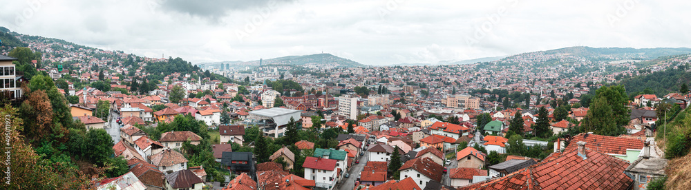 Panorama view of capital city of Bosnia and Herzegovina, Sarajevo in foggy weather.