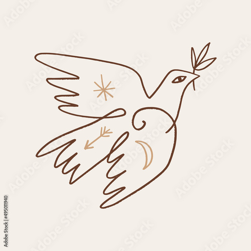 Dove of peace pigeon bird boho handdrawn style vector illustration art