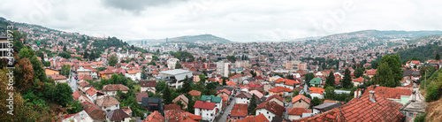 Panorama view of capital city of Bosnia and Herzegovina, Sarajevo in foggy weather.