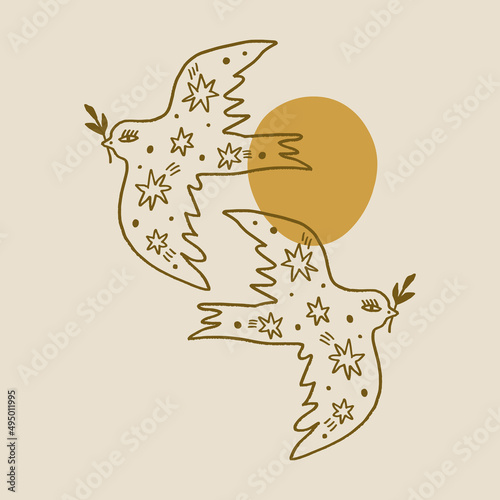 Dove of peace pigeon bird boho handdrawn style vector illustration art