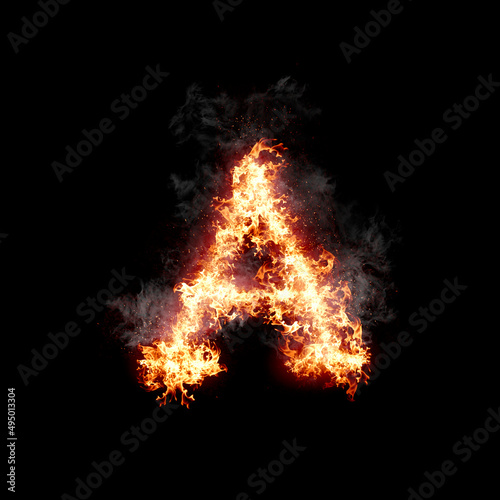 Letter a burning in fire with smoke, digital art isolated on black background, a letter from alphabet set