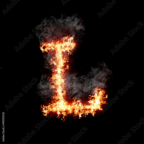 Letter L burning in fire with smoke, digital art isolated on black background, a letter from alphabet set