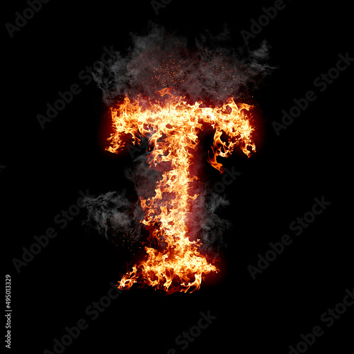 Letter T burning in fire with smoke, digital art isolated on black background, a letter from alphabet set