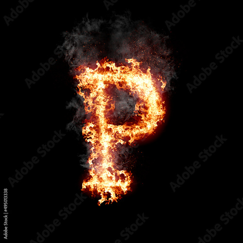 Letter P burning in fire with smoke, digital art isolated on black background, a letter from alphabet set