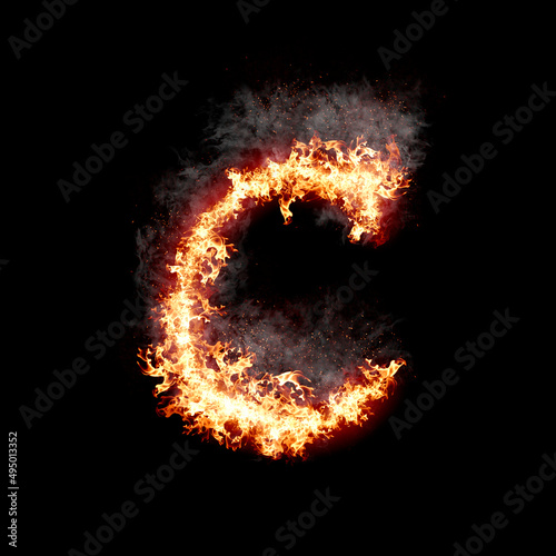 Letter C burning in fire with smoke, digital art isolated on black background, a letter from alphabet set