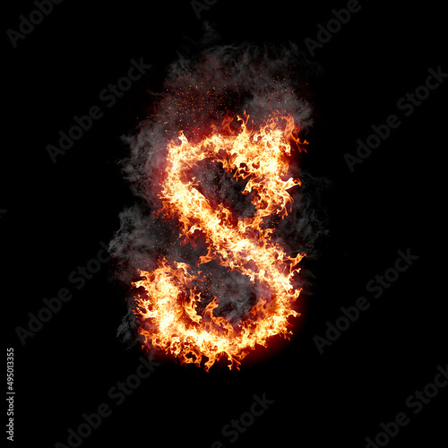 Letter S burning in fire with smoke, digital art isolated on black background, a letter from alphabet set