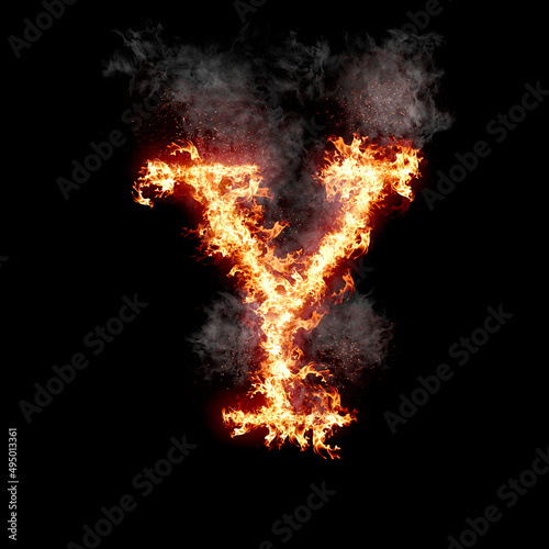 Letter y burning in fire with smoke, digital art isolated on black background, a letter from alphabet set