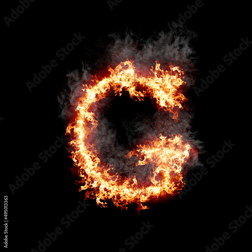 Letter G burning in fire with smoke, digital art isolated on black background, a letter from alphabet set