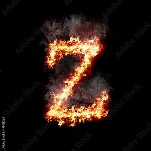 Letter z burning in fire with smoke, digital art isolated on black background, a letter from alphabet set