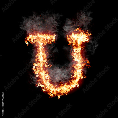 Letter U burning in fire with smoke, digital art isolated on black background, a letter from alphabet set